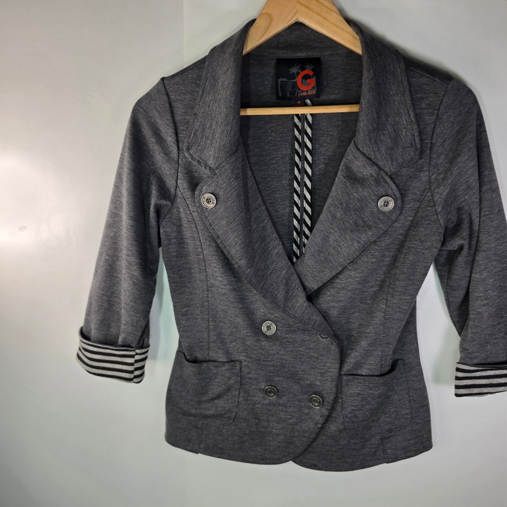 G by GUESS Knit Blazer Jacket Womens M Gray Double Breasted Cuffed 3/4 Sleeve